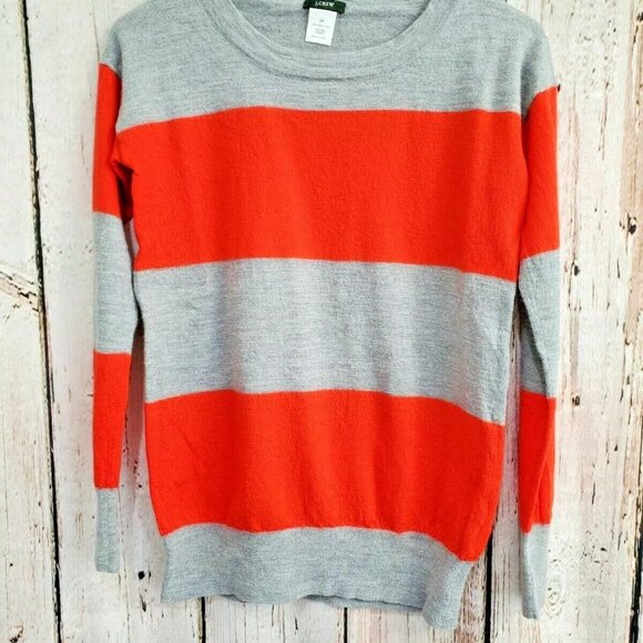 Women's XS J.Crew Saturday Sweater Merino Wool Gray Orange Striped Pullover EUC - Picture 2 of 5